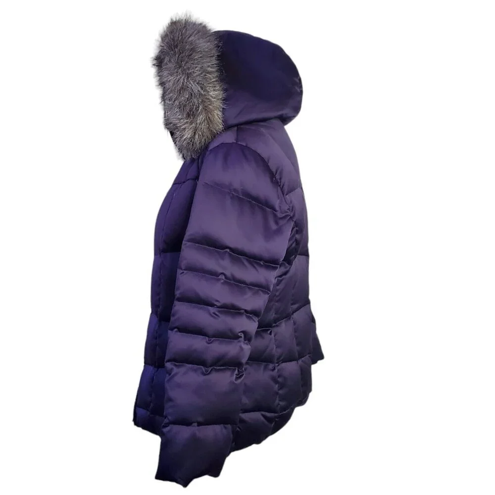 Calvin Klein Womens Down Puffer Coat L Purple Gray Faux Fur Trim Removable Hood - Picture 5 of 16
